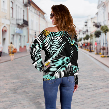 Gold Glitter Cyan Tropical Palm Leaves Off Shoulder Sweatshirt