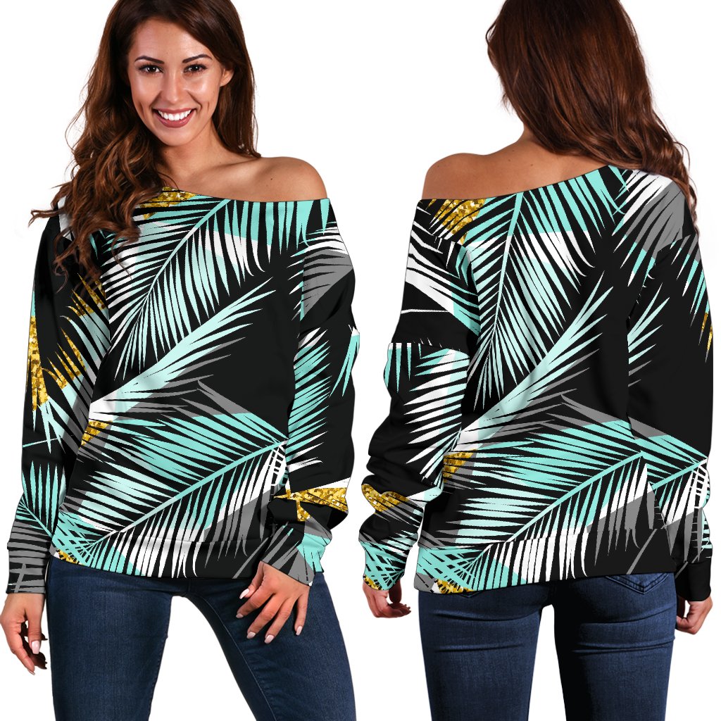 Gold Glitter Cyan Tropical Palm Leaves Off Shoulder Sweatshirt