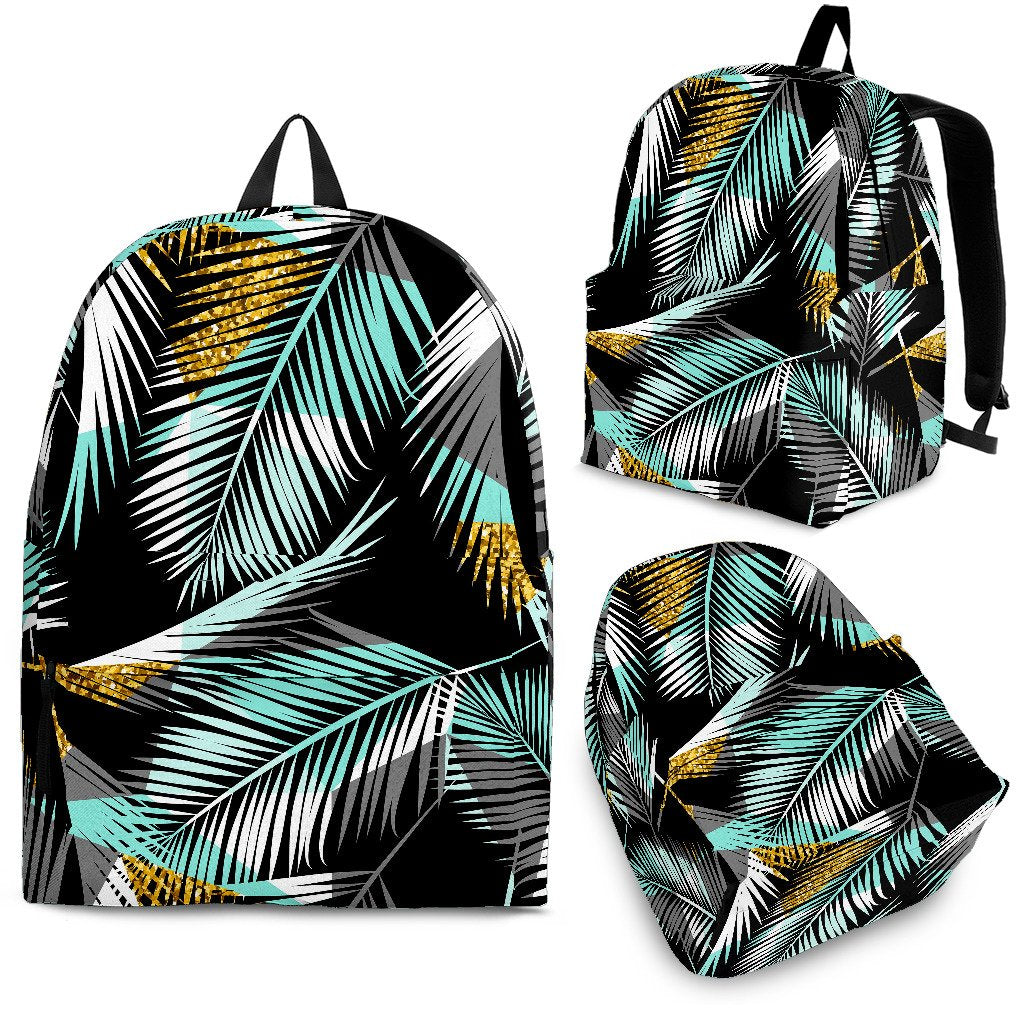 Gold Glitter Cyan Tropical Palm Leaves Premium Backpack