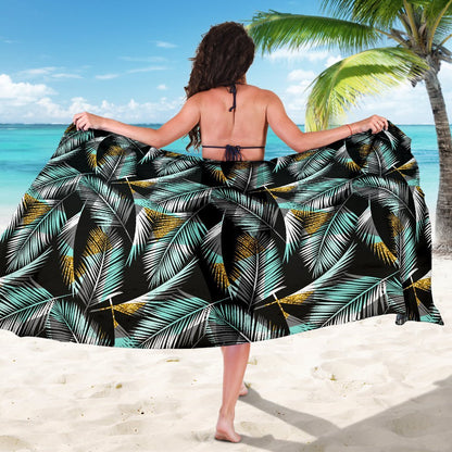 Gold Glitter Cyan Tropical Palm Leaves Beach Sarong Pareo Wrap