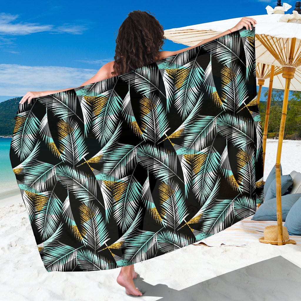 Gold Glitter Cyan Tropical Palm Leaves Beach Sarong Pareo Wrap