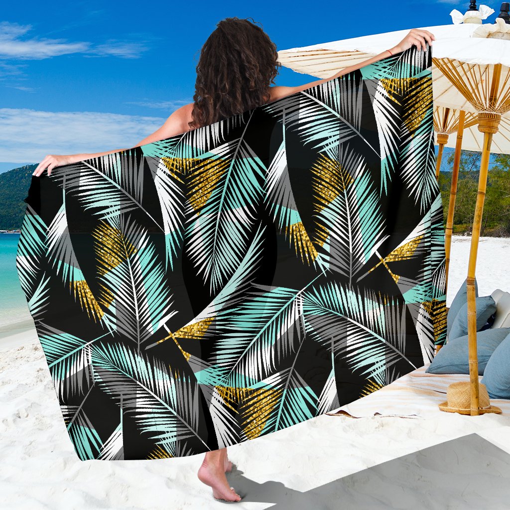 Gold Glitter Cyan Tropical Palm Leaves Sarong Pareo Wrap