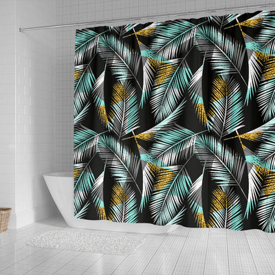 Gold Glitter Cyan Tropical Palm Leaves Shower Curtain