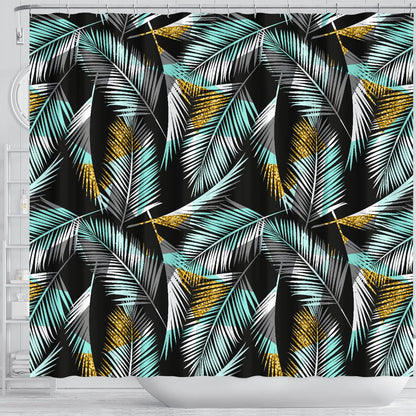 Gold Glitter Cyan Tropical Palm Leaves Shower Curtain