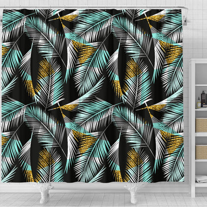 Gold Glitter Cyan Tropical Palm Leaves Shower Curtain