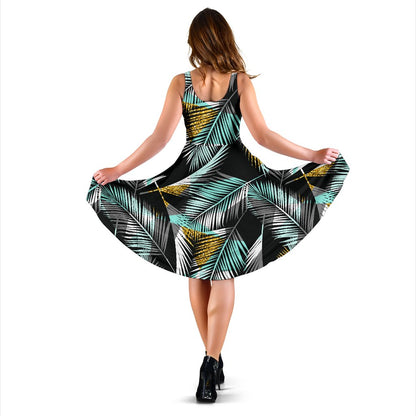 Gold Glitter Cyan Tropical Palm Leaves Sleeveless Mini Dress