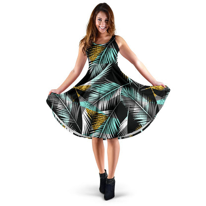 Gold Glitter Cyan Tropical Palm Leaves Sleeveless Mini Dress