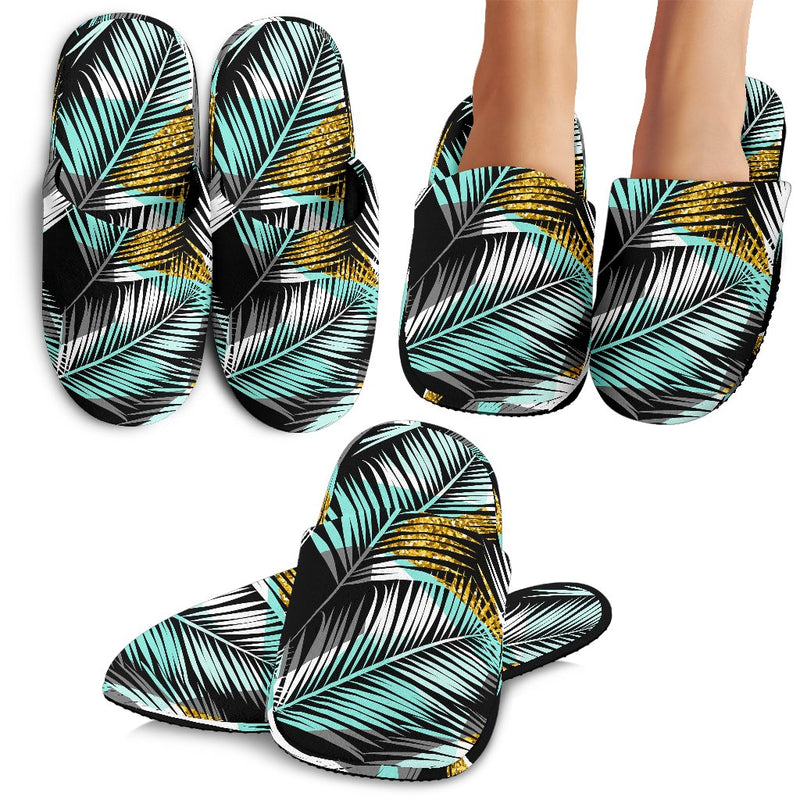 Gold Glitter Cyan Tropical Palm Leaves Slippers