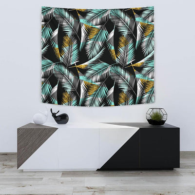 Gold Glitter Cyan Tropical Palm Leaves Tapestry