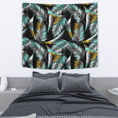 Gold Glitter Cyan Tropical Palm Leaves Tapestry