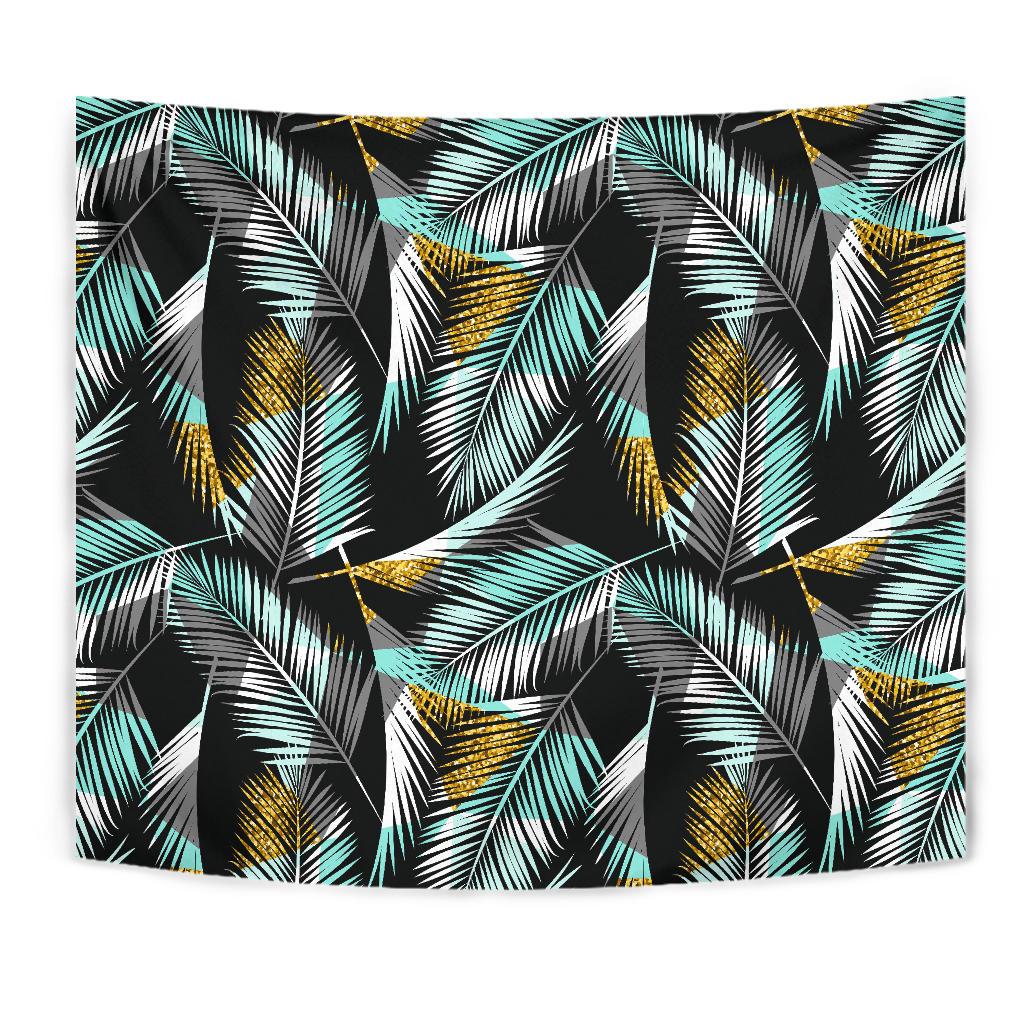 Gold Glitter Cyan Tropical Palm Leaves Tapestry