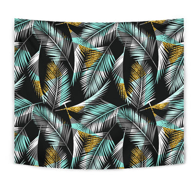 Gold Glitter Cyan Tropical Palm Leaves Tapestry