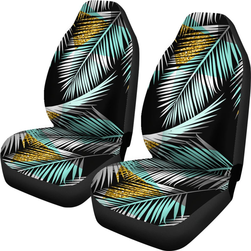 Gold Glitter Cyan Tropical Palm Leaves Universal Fit Car Seat Covers