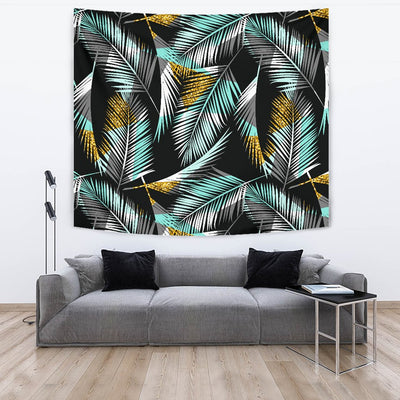 Gold Glitter Cyan Tropical Palm Leaves Wall Tapestry