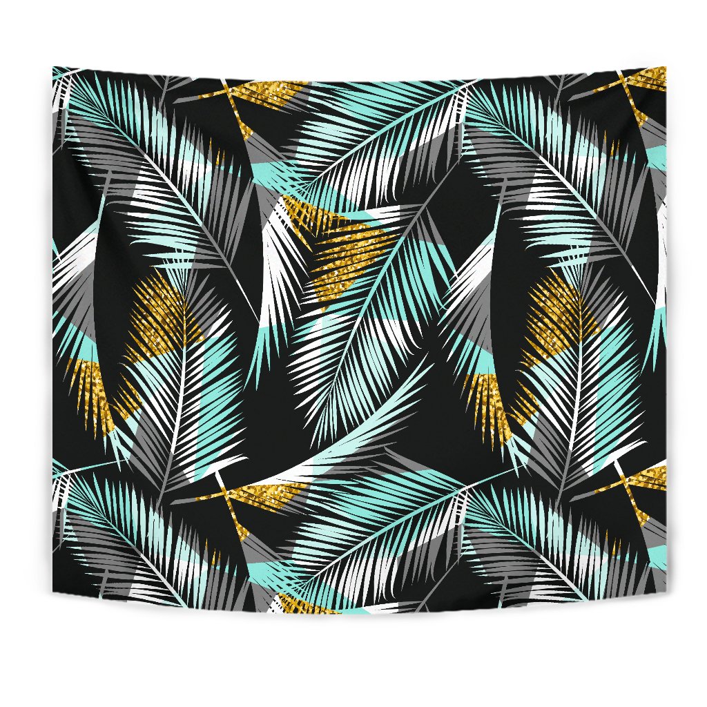 Gold Glitter Cyan Tropical Palm Leaves Wall Tapestry