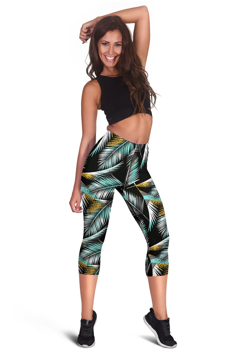 Gold Glitter Cyan Tropical Palm Leaves Women Capris