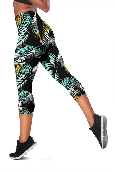 Gold Glitter Cyan Tropical Palm Leaves Women Capris