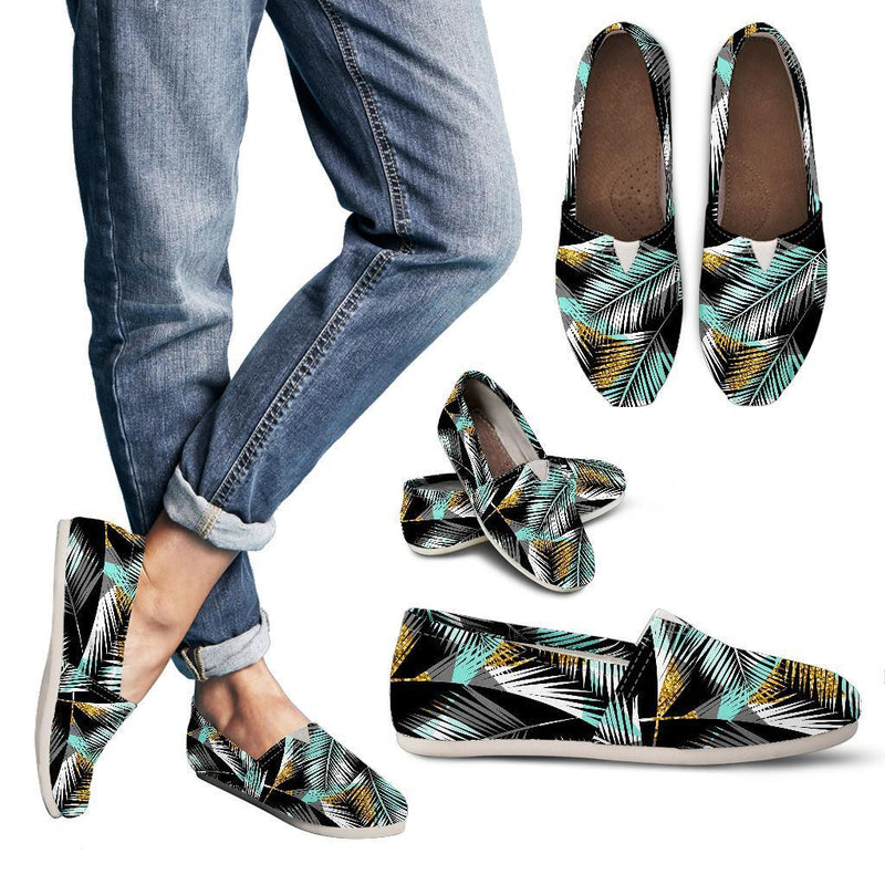 Gold Glitter Cyan Tropical Palm Leaves Women Casual Shoes-JorJune.com