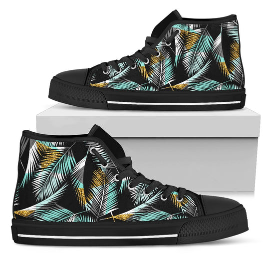 Gold Glitter Cyan Tropical Palm Leaves Women High Top Canvas Shoes