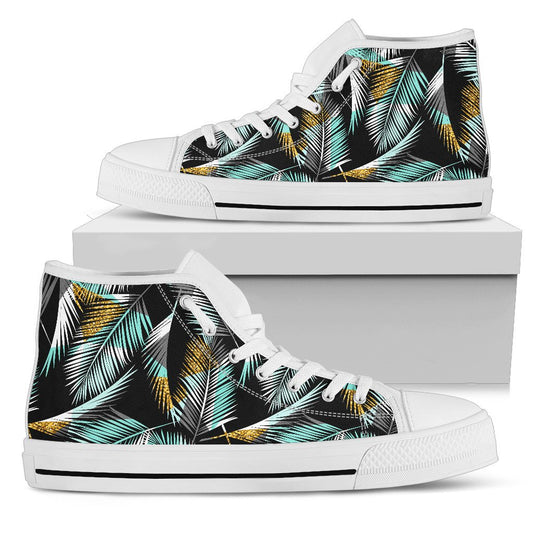 Gold Glitter Cyan Tropical Palm Leaves Women High Top Canvas Shoes