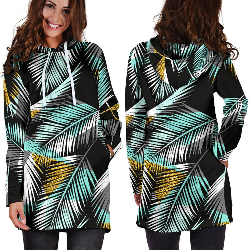 Gold Glitter Cyan Tropical Palm Leaves Women Hoodie Dress