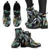 Gold Glitter Cyan Tropical Palm Leaves Women Leather Boots
