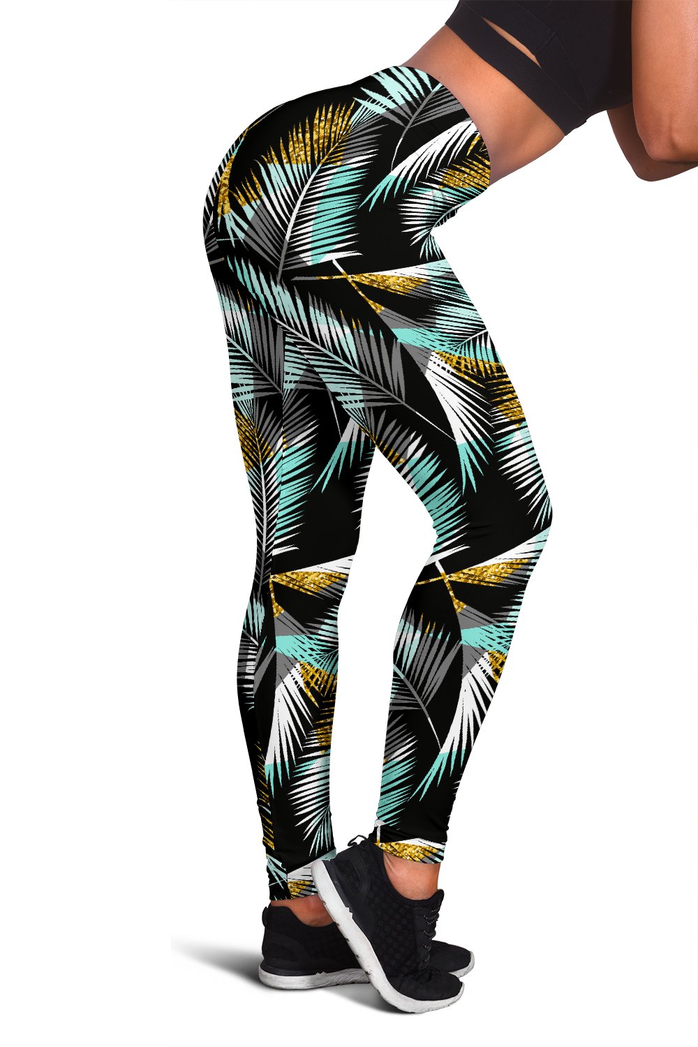 Gold Glitter Cyan Tropical Palm Leaves Women Leggings