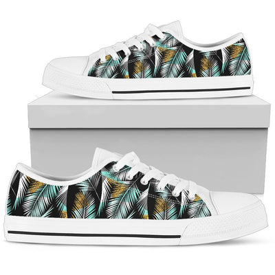 Gold Glitter Cyan Tropical Palm Leaves Women Low Top Canvas Shoes