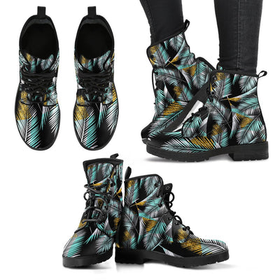 Gold Glitter Cyan Tropical Palm Leaves Women & Men Leather Boots