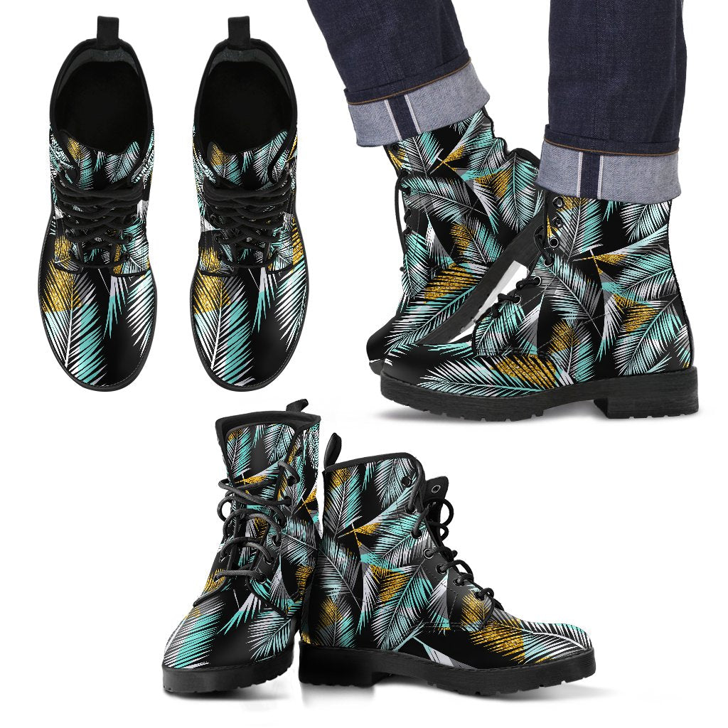 Gold Glitter Cyan Tropical Palm Leaves Women & Men Leather Boots