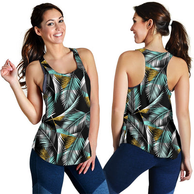 Gold Glitter Cyan Tropical Palm Leaves Women Racerback Tank Top