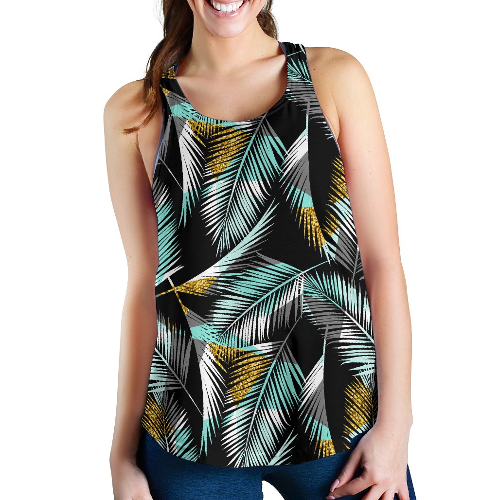 Gold Glitter Cyan Tropical Palm Leaves Women Racerback Tank Top