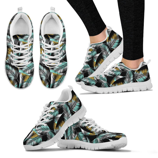 Gold Glitter Cyan Tropical Palm Leaves Women Sneakers