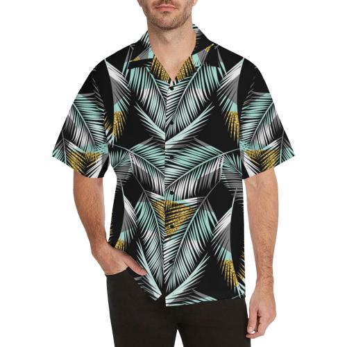 Gold Glitter Cyan Tropical Palm Men Hawaiian Shirt