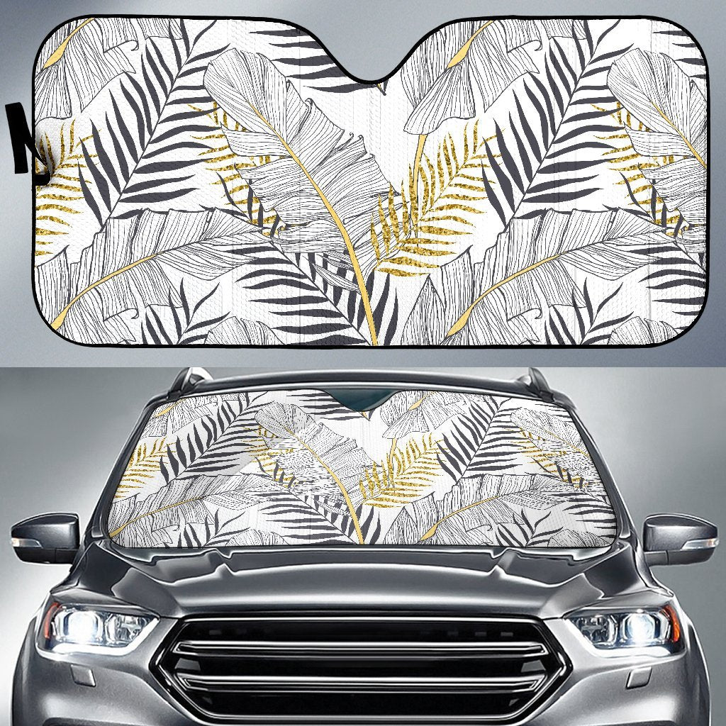 Gold Glitter Tropical Palm Leaves Car Sun Shade-JorJune