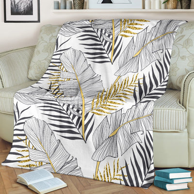 Gold Glitter Tropical Palm Leaves Fleece Blanket