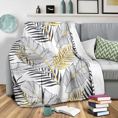 Gold Glitter Tropical Palm Leaves Fleece Blanket