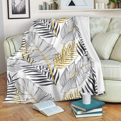 Gold Glitter Tropical Palm Leaves Fleece Blanket