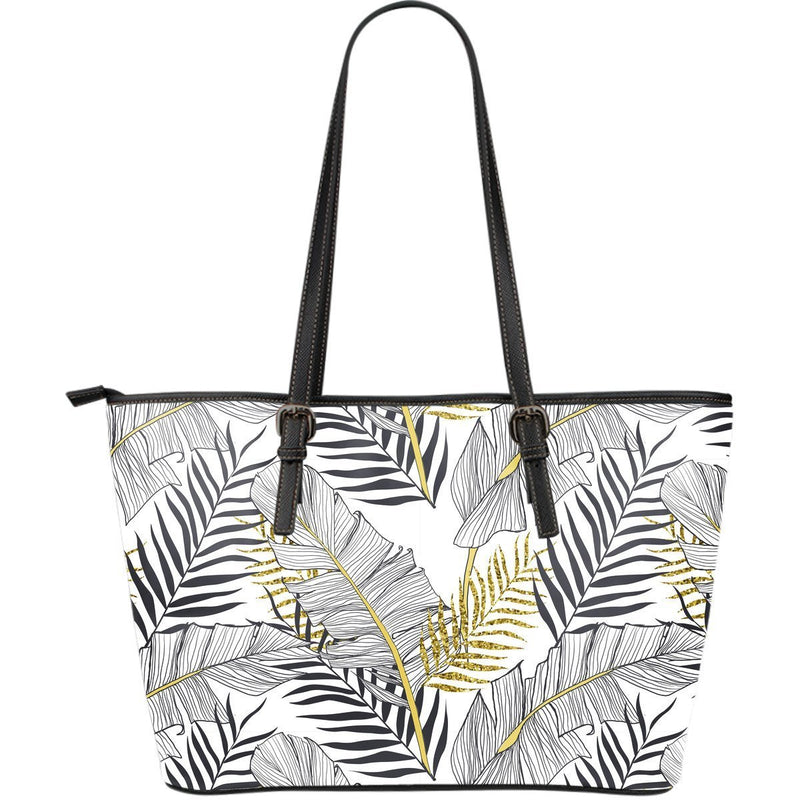 Gold Glitter Tropical Palm Leaves Large Leather Tote Bag