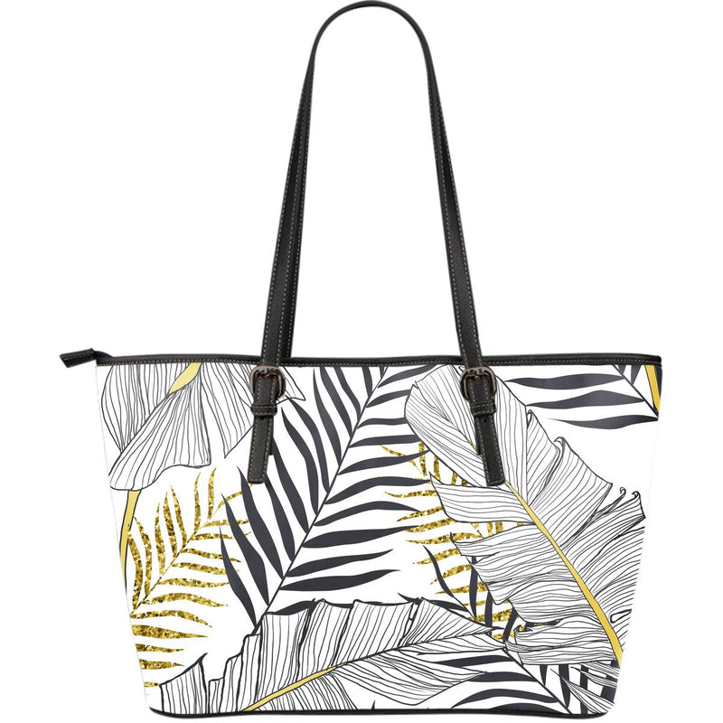 Gold Glitter Tropical Palm Leaves Large Leather Tote Bag