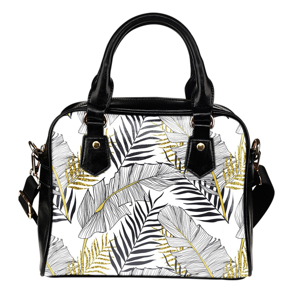 Gold Glitter Tropical Palm Leaves Leather Shoulder Handbag