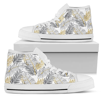 Gold Glitter Tropical Palm Leaves Men High Top Canvas Shoes