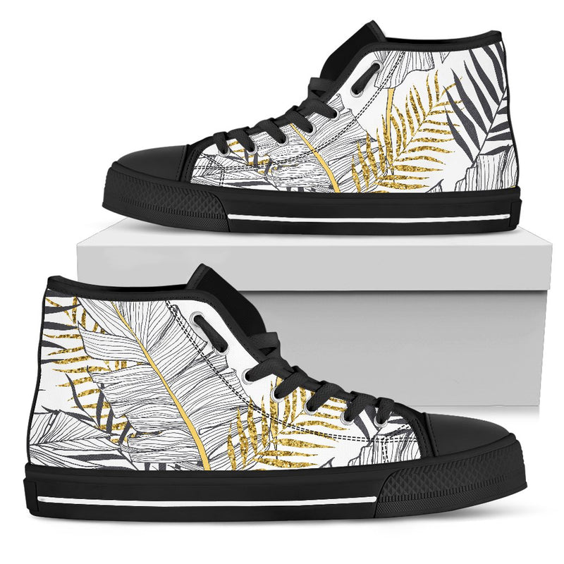 Gold Glitter Tropical Palm Leaves Men High Top Shoes