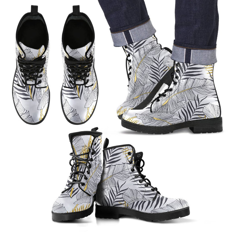 Gold Glitter Tropical Palm Leaves Men Leather Boots