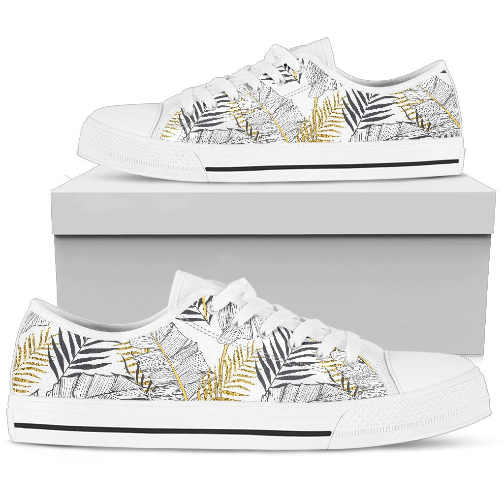 Gold Glitter Tropical Palm Leaves Men Low Top Canvas Shoes
