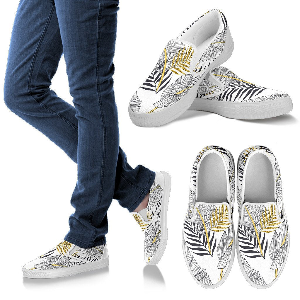 Gold Glitter Tropical Palm Leaves Men Slip On Shoes