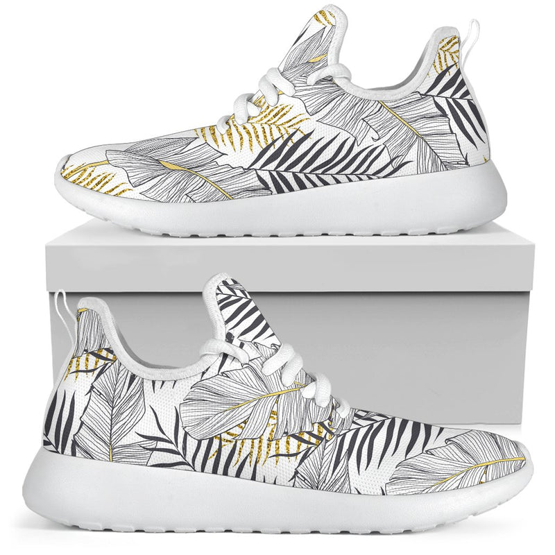 Gold Glitter Tropical Palm Leaves Mesh Knit Sneakers Shoes