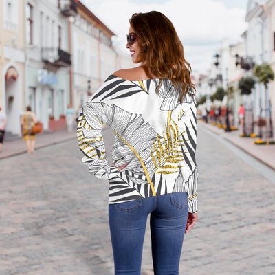 Gold Glitter Tropical Palm Leaves Off Shoulder Sweatshirt