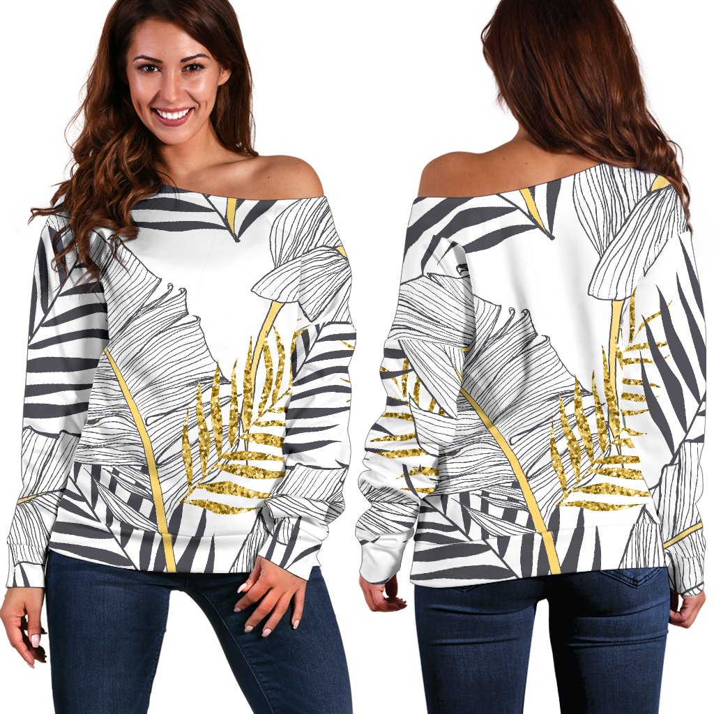 Gold Glitter Tropical Palm Leaves Off Shoulder Sweatshirt