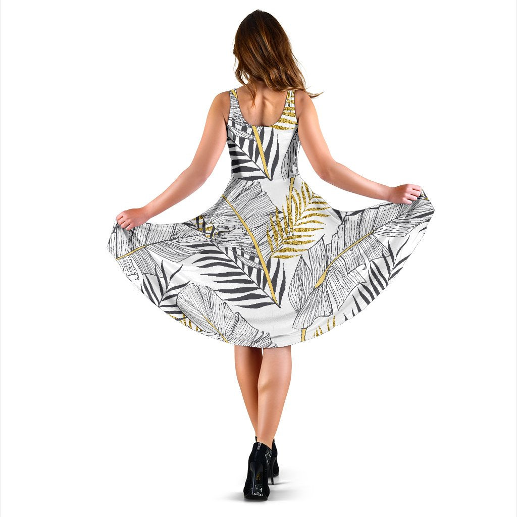 Gold Glitter Tropical Palm Leaves Sleeveless Mini Dress